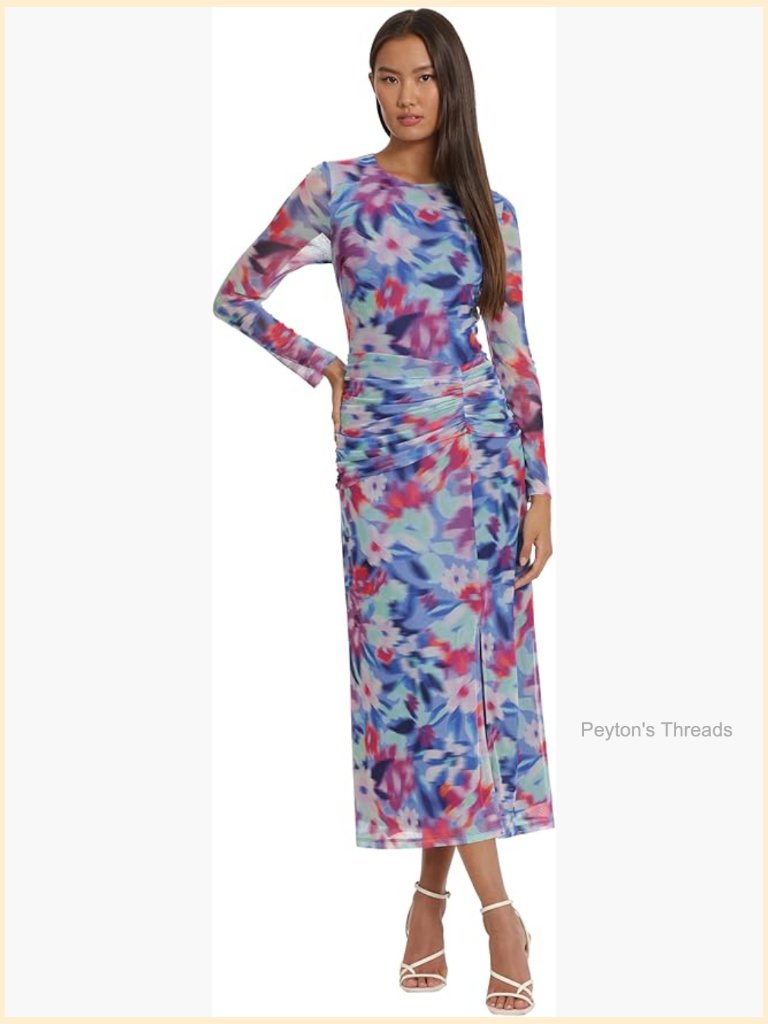 Ruched Waist Sheath Midi Dress With Long Sleeves And Side Slit